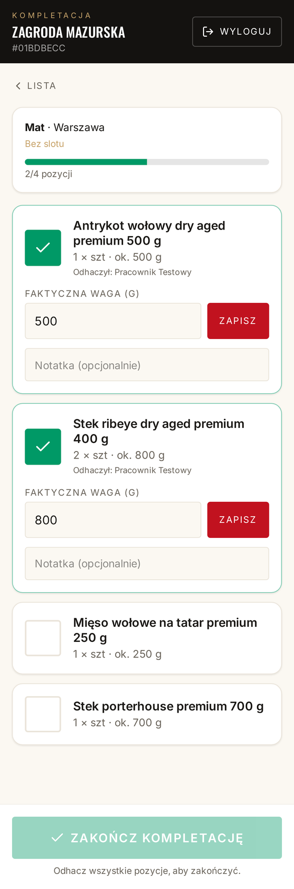 Panel kompletacji zamówień na telefonie — checklista pozycji z faktycznymi wagami